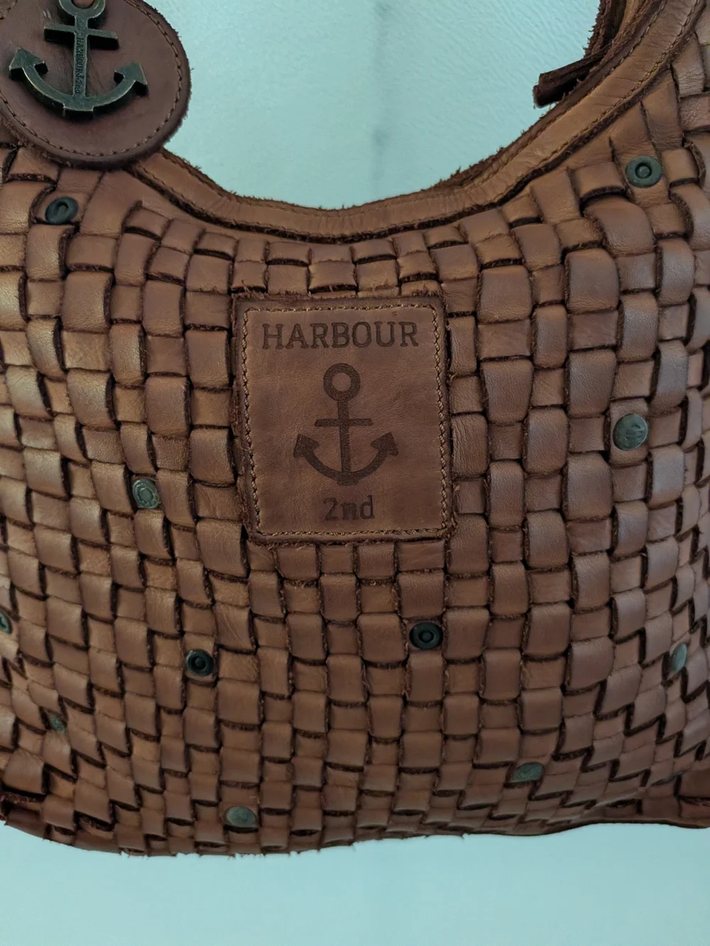 Anchor-Accent Woven Hobo Bag in Brown